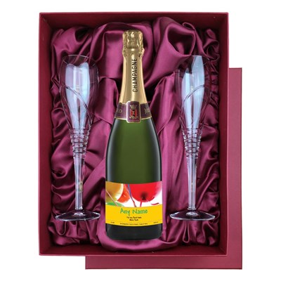 Personalised Champagne - Birthday Balloons Label in Red Luxury Presentation Set With Flutes
